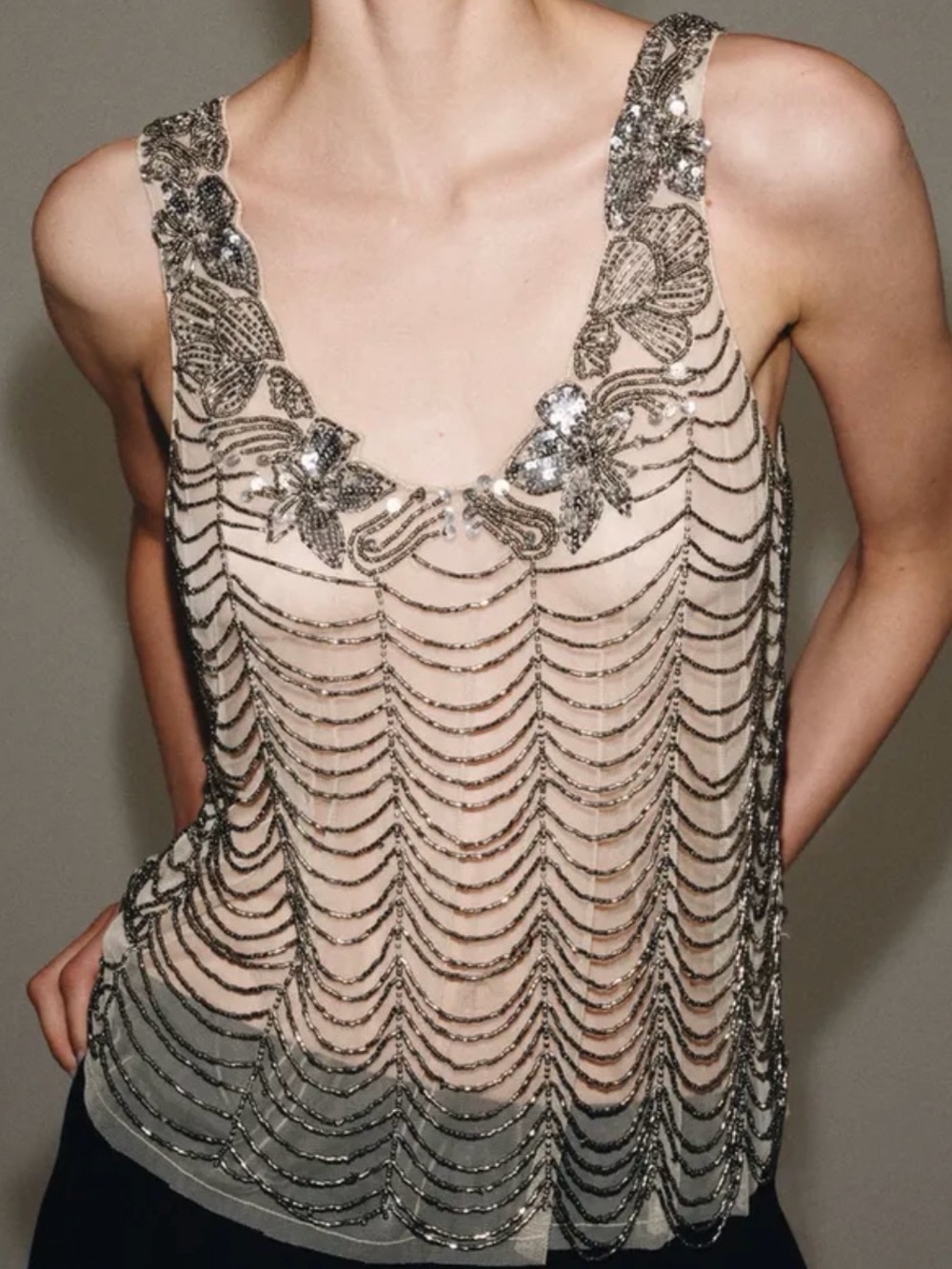 Zara Nude Sheer Beaded Floral-Trim Tank